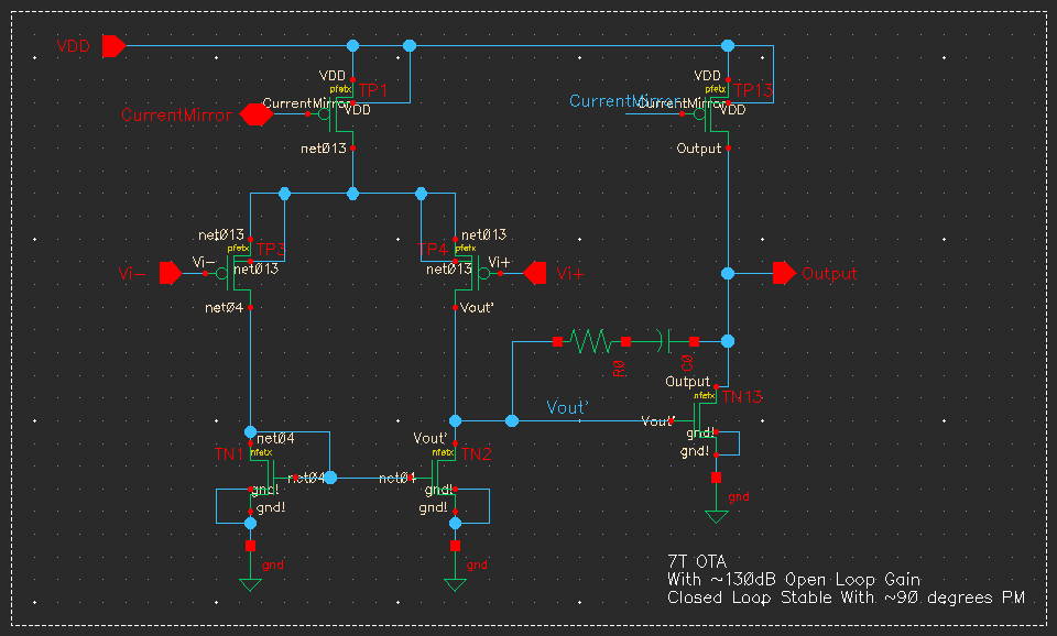 7T OTA op-amp used for the instrumentation amplifier