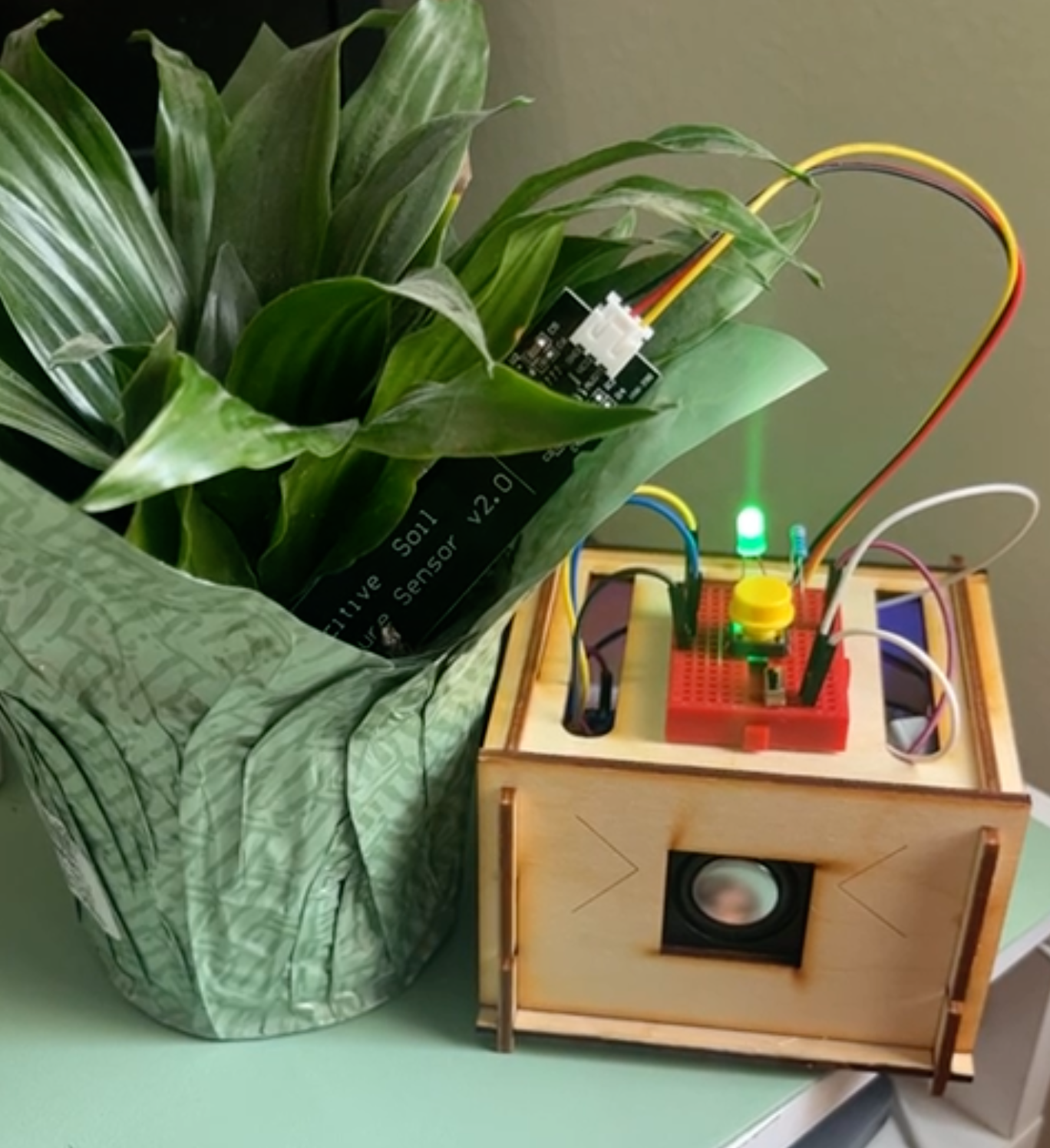 Screaming Plant build with soil moisture sensor and laser-cut enclosure