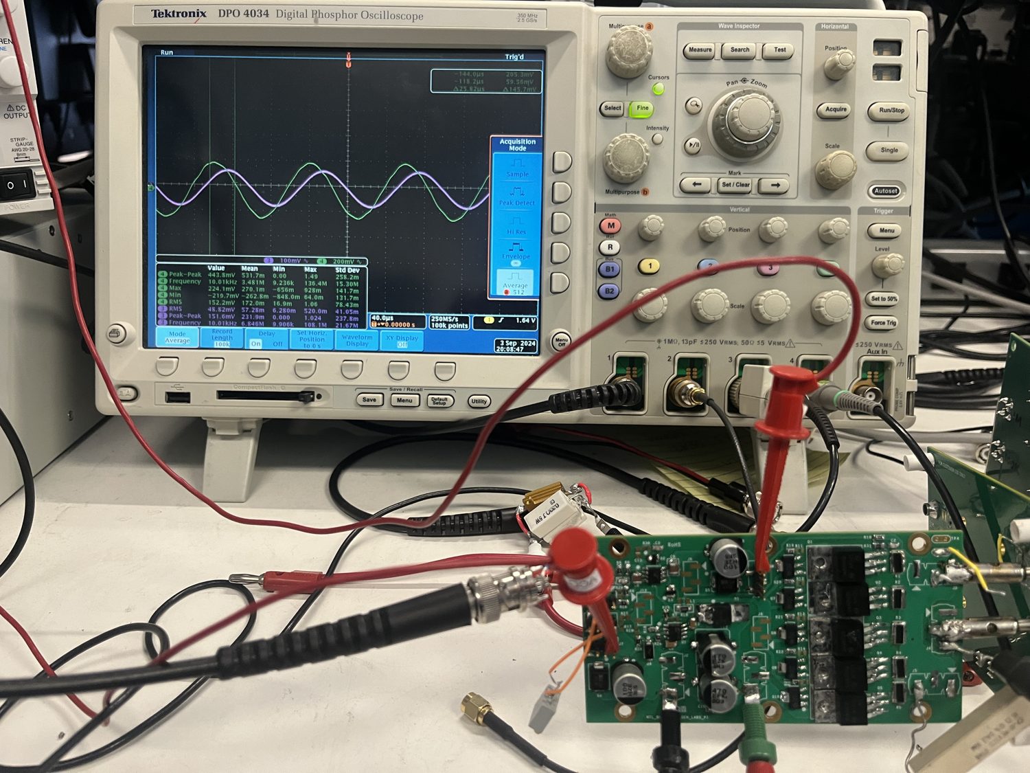 Ripple board on the bench with an oscilloscope